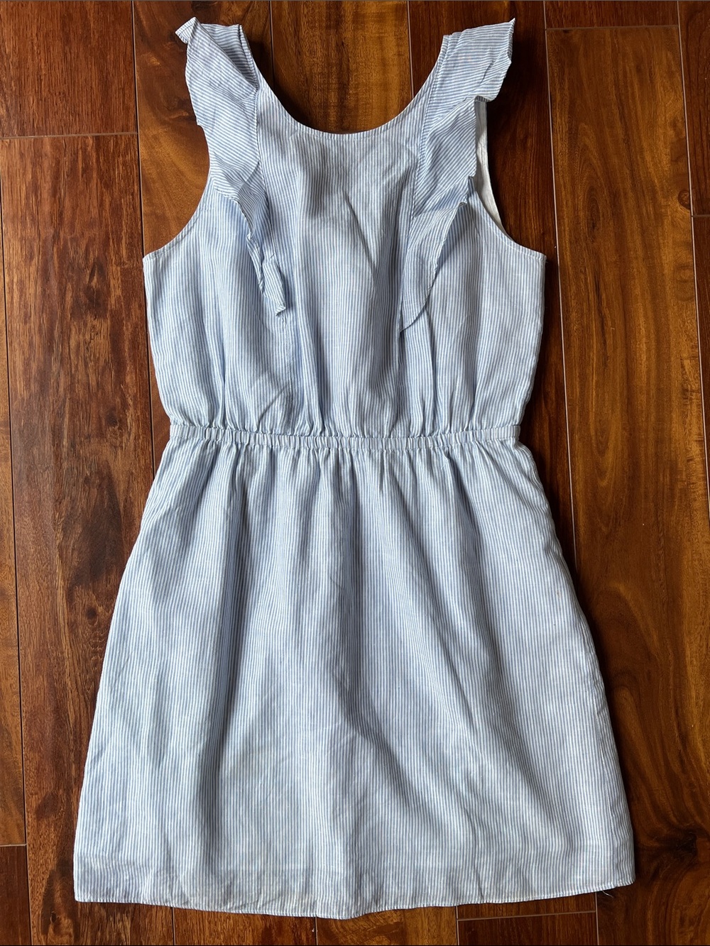 J. Crew Light Blue Pinstripe Ruffle-Shoulder Mini Dress